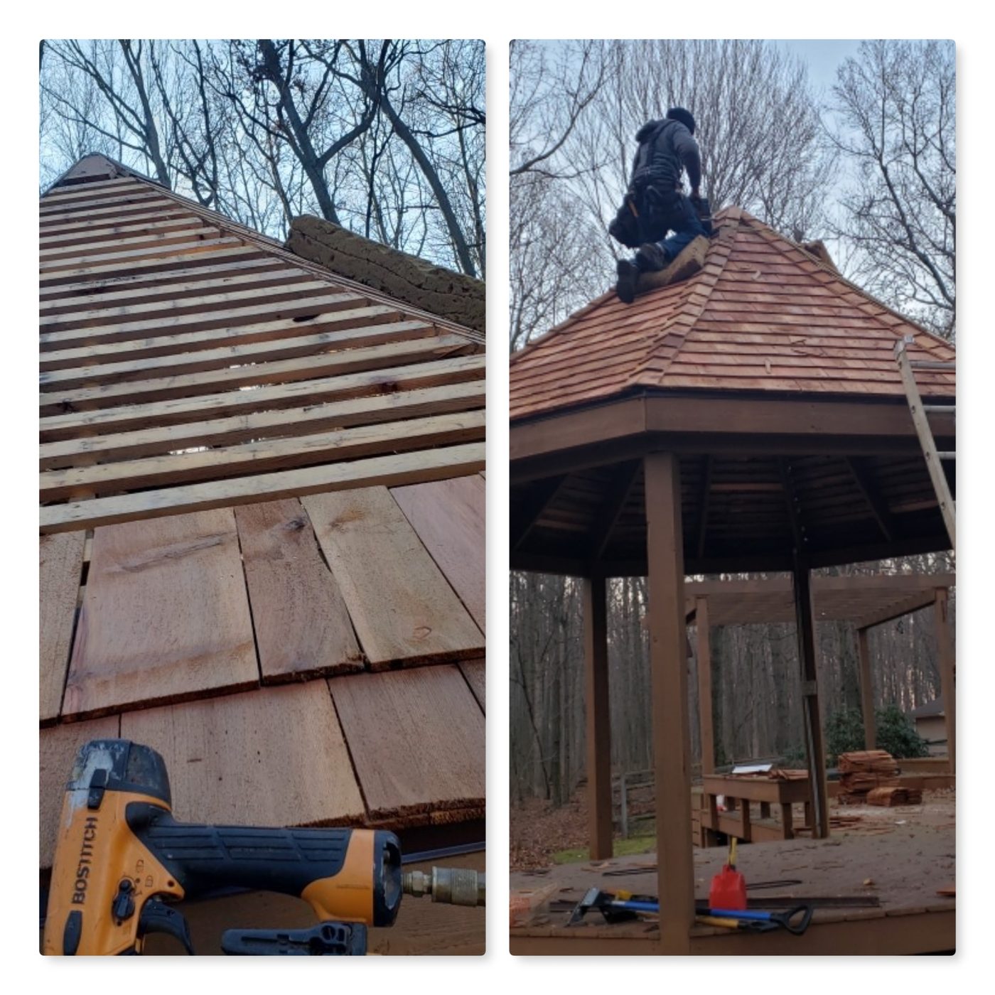 Wood shingle roof partway through installation, courses running up the slope
